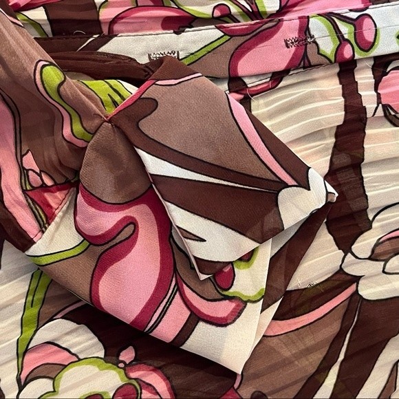 KLD Signature Floral Print Button Up Pleated Blouse Long Sleeve Brown Sz S/M - Picture 6 of 7